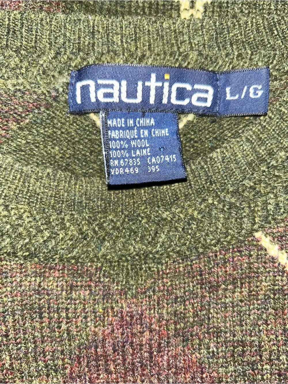 Vintage 90s Nautica Green Argyle Long Sleeve Crew Neck Wool Sweater Size Large